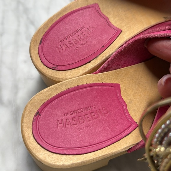 Anthropologie Swedish Hasbeens Anette Pink Wooden Heeled Skip On Clog Sandal 39 - Picture 5 of 10